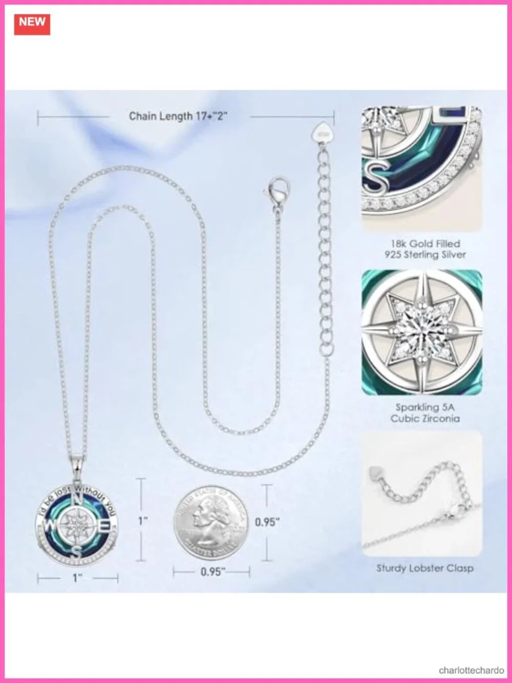 Compass Necklace 18k Real Gold Filled 925 Sterling Silver Pendant Gift for Wife